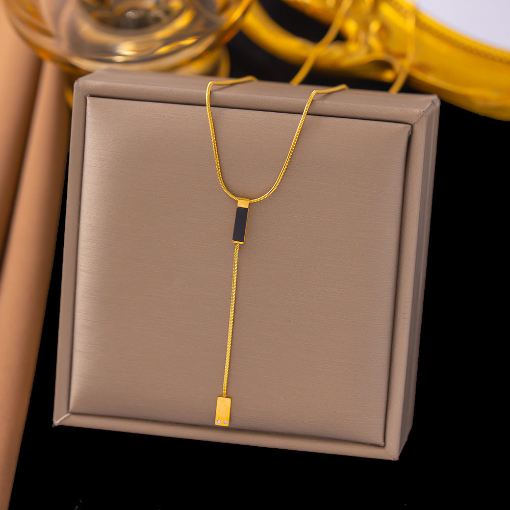 Black Enamel Stone Long Tassel Gold Necklace JLTN1280