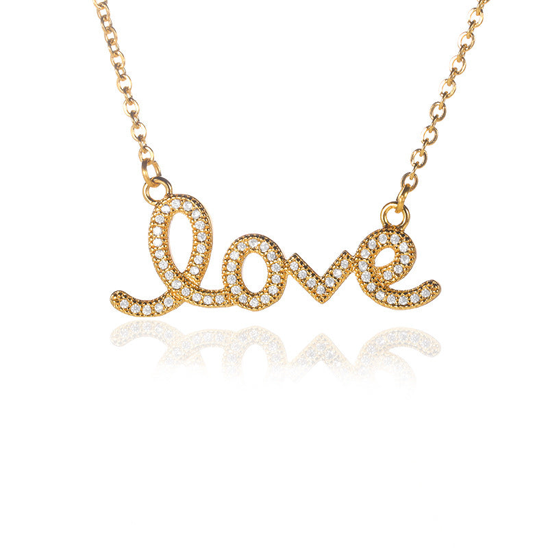White Stone Inlaid on LOVE Pendant Gold Necklace JLTN1292