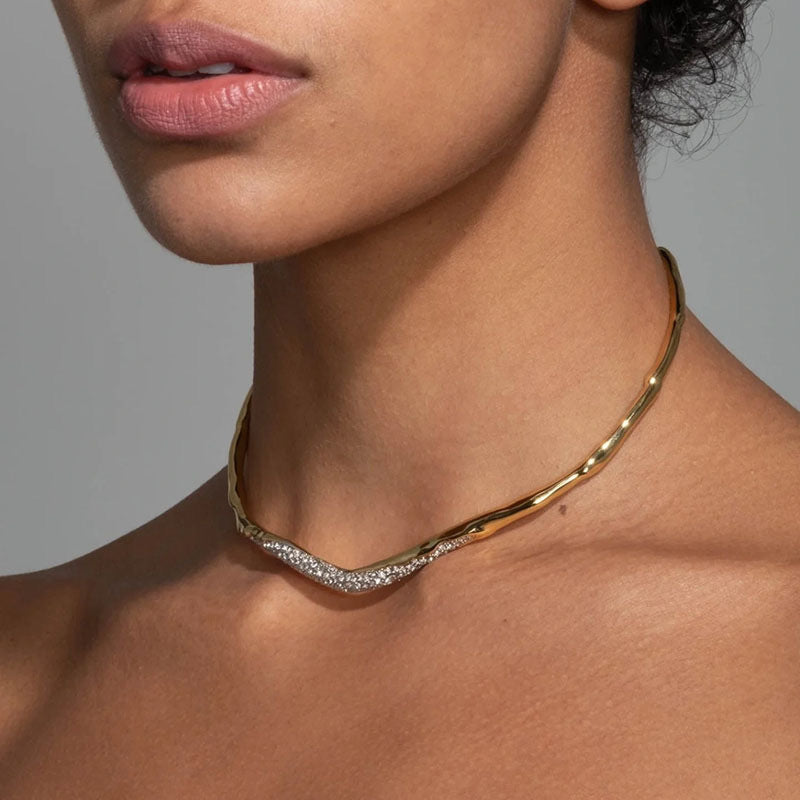 Irregular Circular White Stone Embeded Gold Necklace JLTN1296