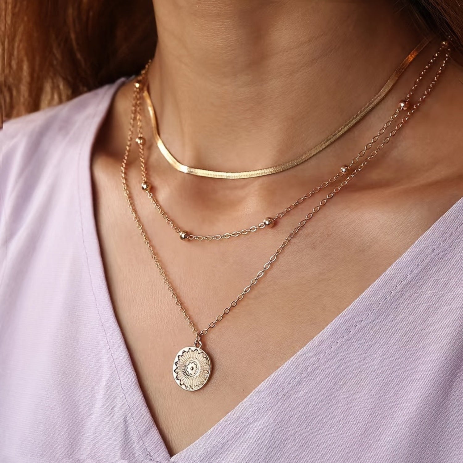 multi-layer round pendant blade chain necklace jltn1394