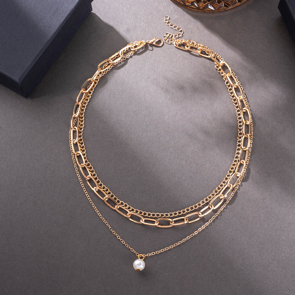 three-layer metal chain imitation pearl pendant necklace jltn1399