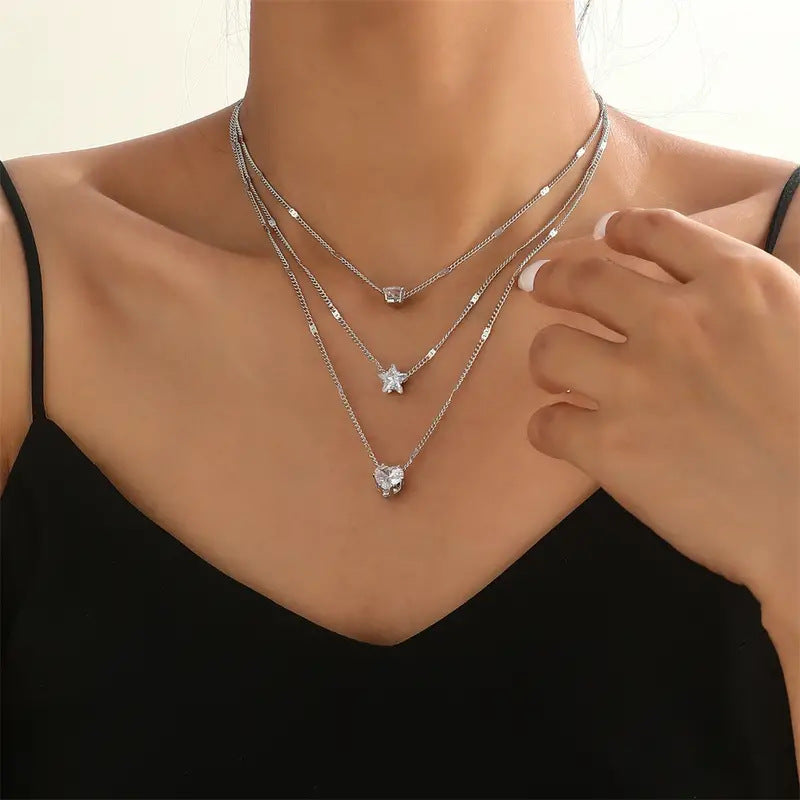 simple multi-layer five-pointed star love water drop pendant retro necklace clavicle chain  jltn1408