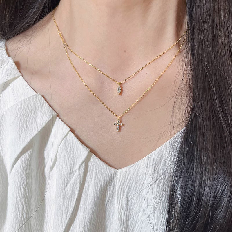 Sterling  silver Rinestone decor cross water droplet Necklace jltn1411