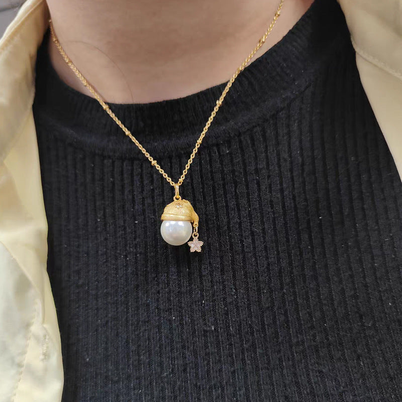 Brushed Christmas hat pendant pearl necklace jltn1418