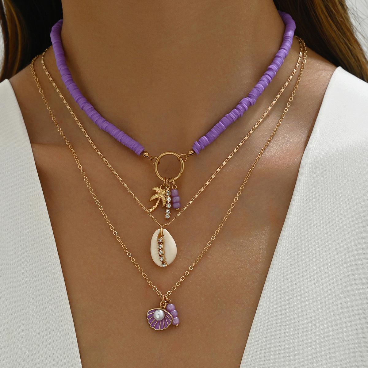 Purple Seashell & Charm Multi-Layered Necklace Set jltn1426