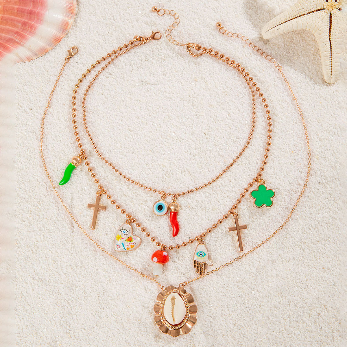 Boho Charm Multilayered Necklace with Shell & Lucky Charms necklace jltn1428