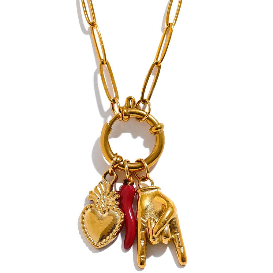 heart detachable pendant red ox horn rock gesture necklace jltn1442