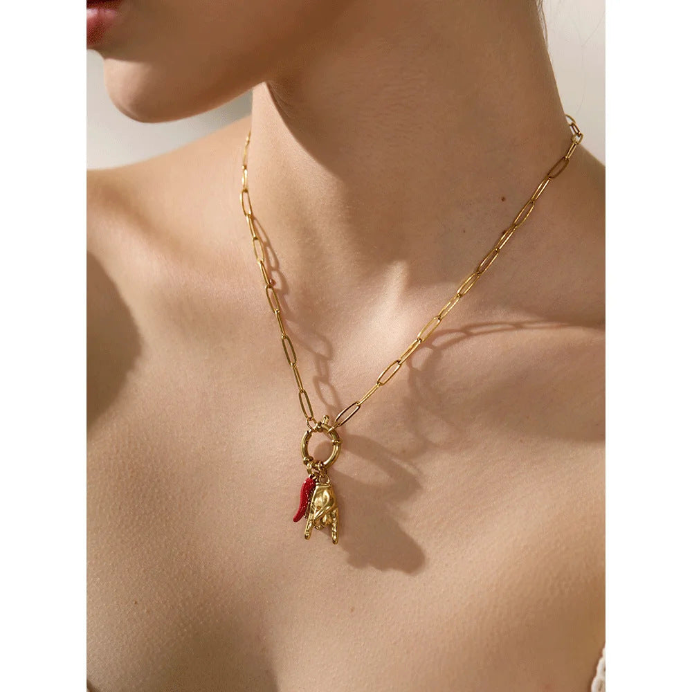 heart detachable pendant red ox horn rock gesture necklace jltn1442
