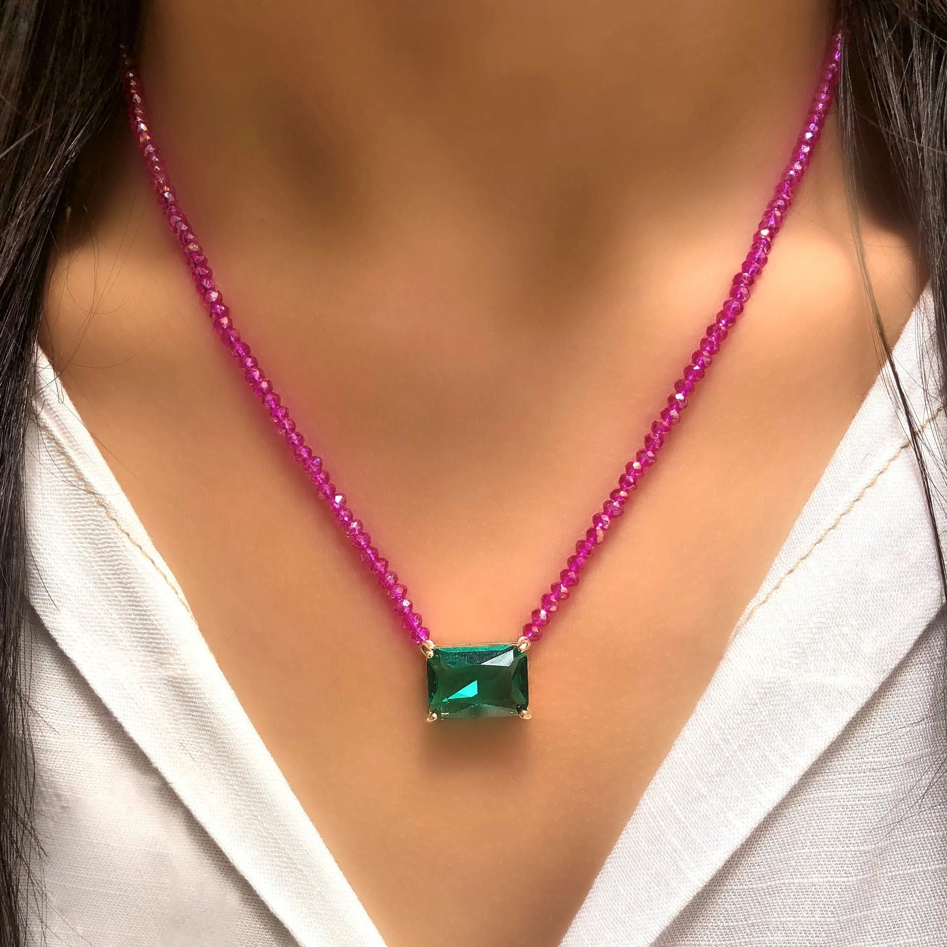 green color square zircon simple pink rice bead crystal necklace jltn1448