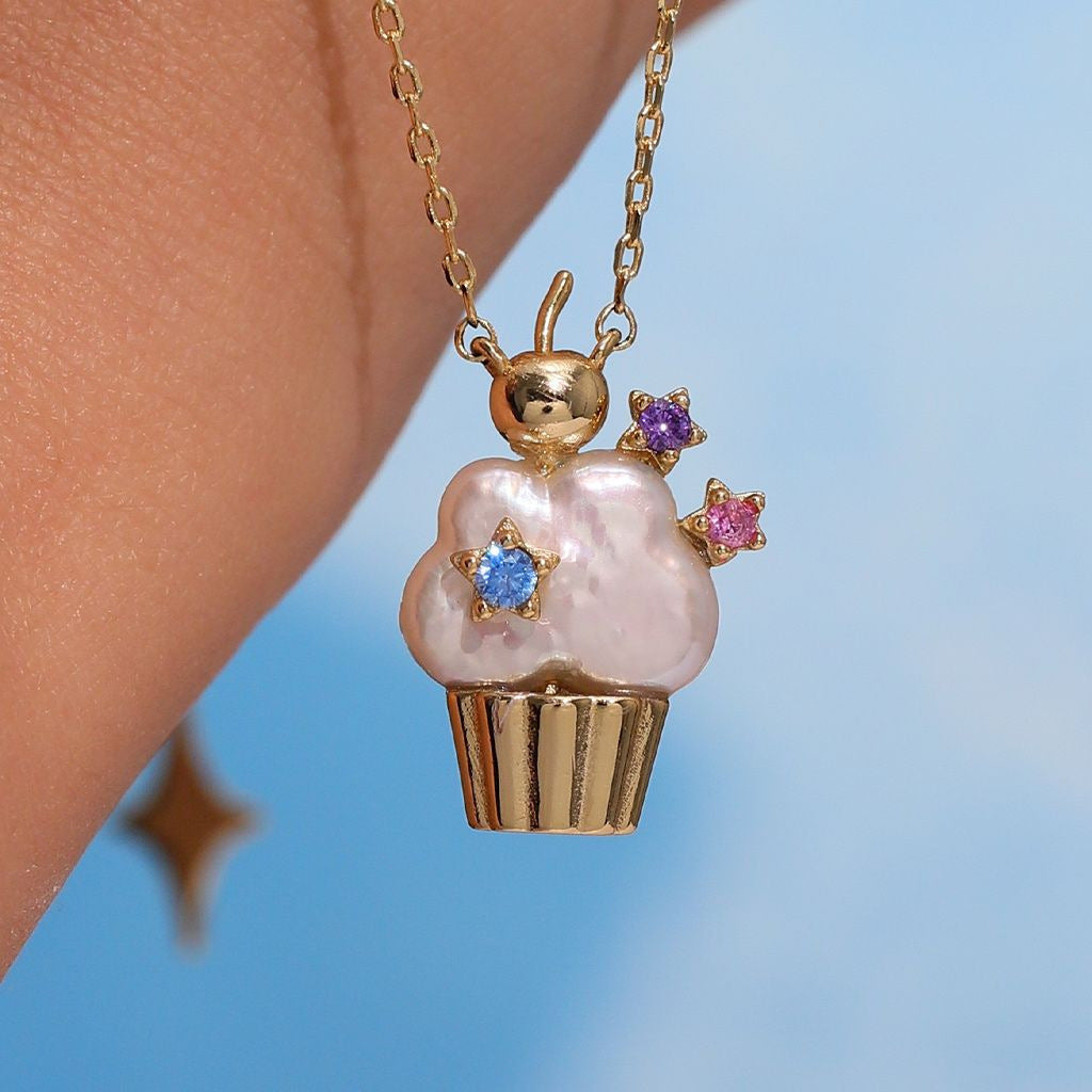 Cupcake Pearl Charm with Colorful Star Accents Necklace jltn1461