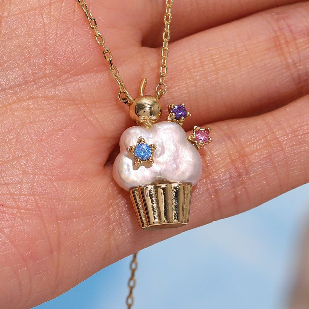 Cupcake Pearl Charm with Colorful Star Accents Necklace jltn1461