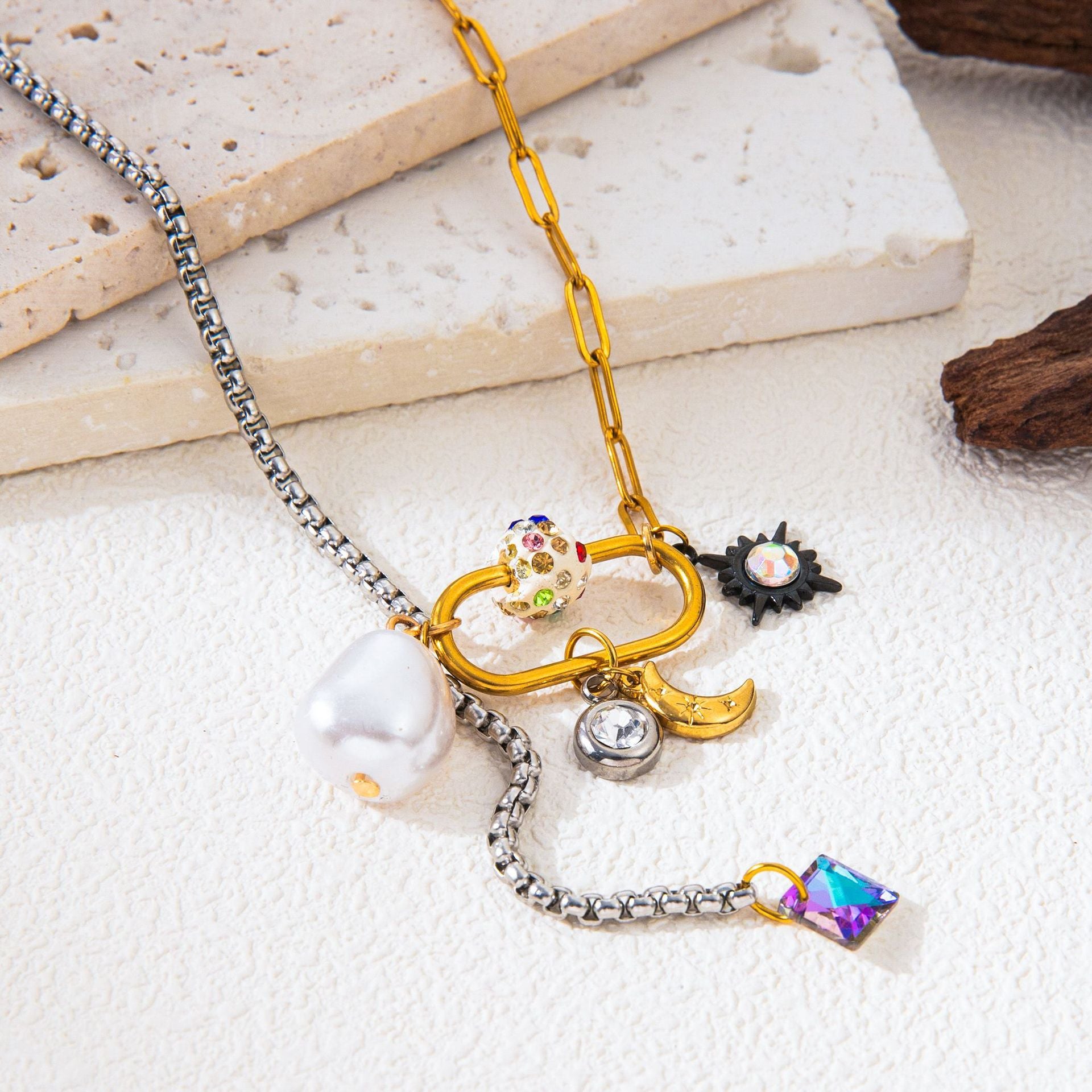 starry sky moon pearl splicing necklace jltn1466