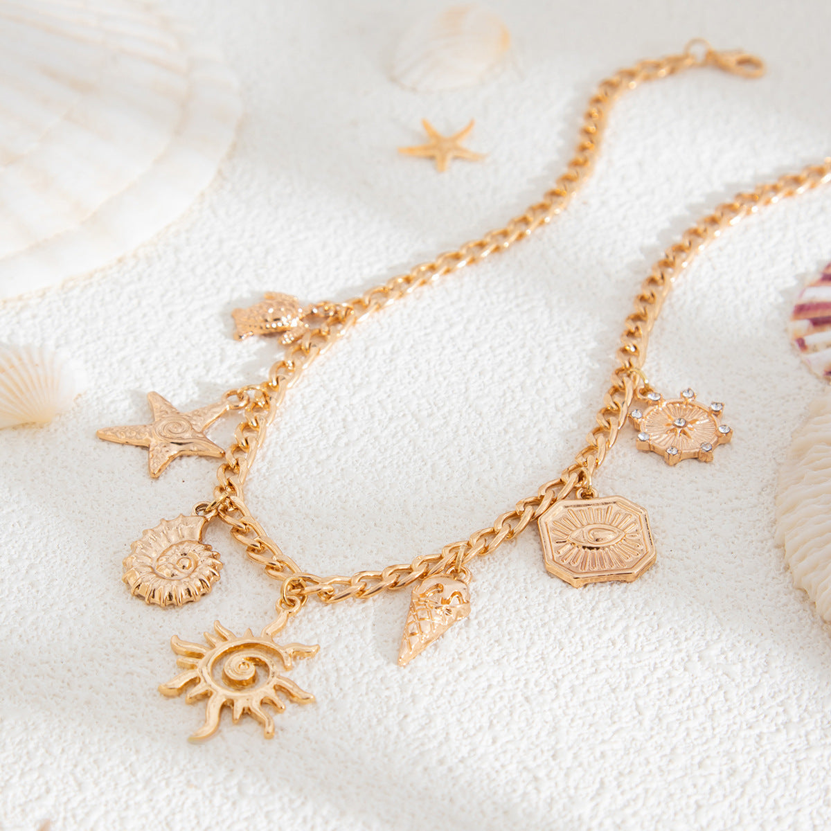 fishtail imitation pearl tassel beach starfish shell pendant clavicle chain necklace jltn1496