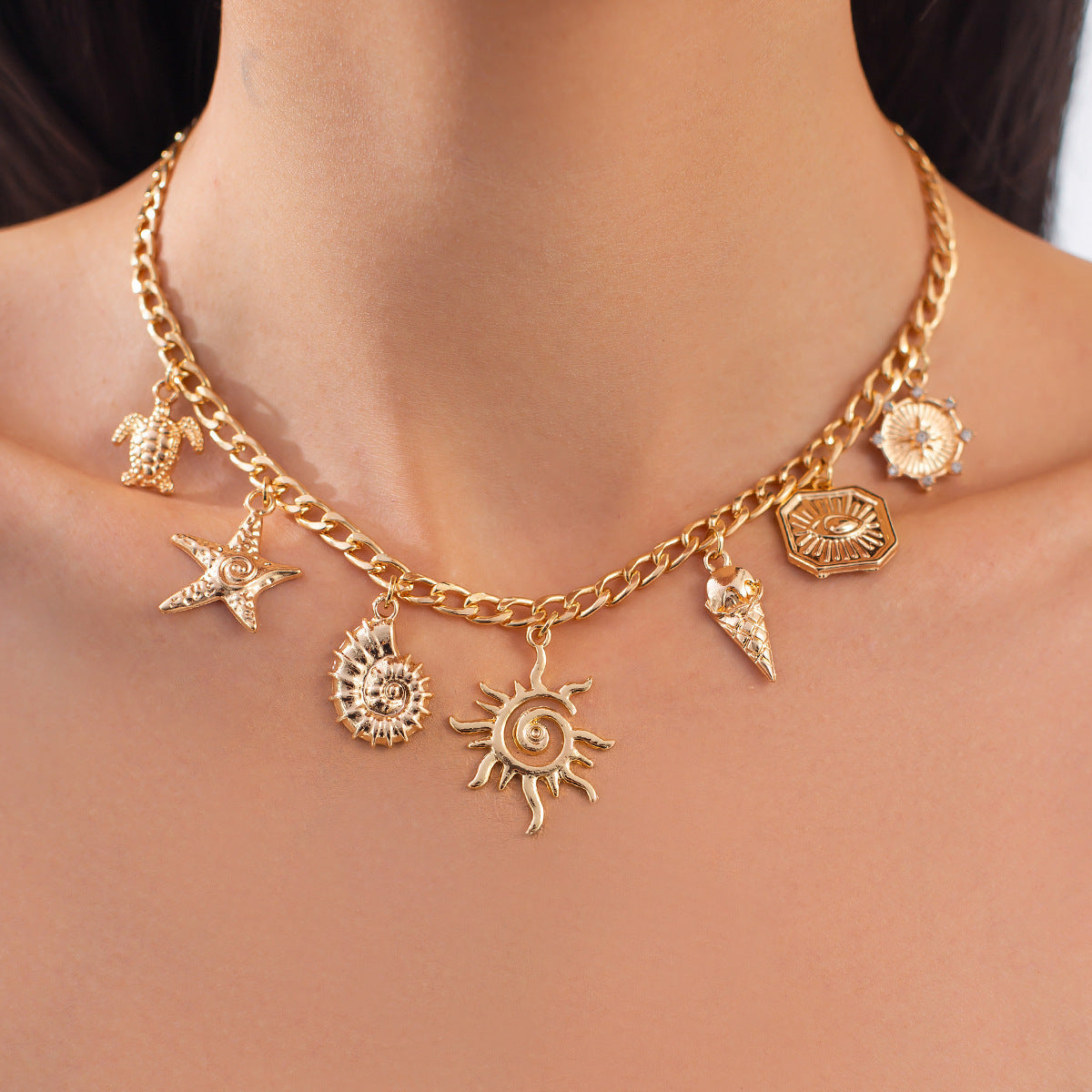 fishtail imitation pearl tassel beach starfish shell pendant clavicle chain necklace jltn1496
