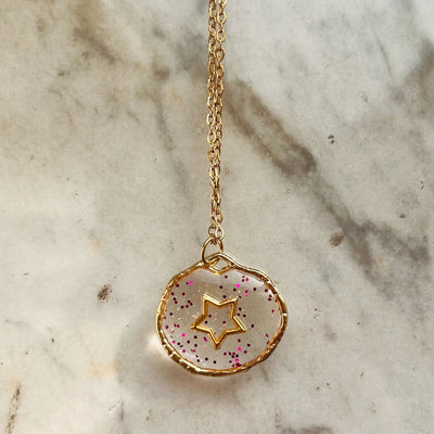 Cute glass printing transparent stars pendant necklace jltn1506