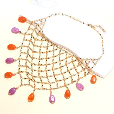 ocean style hand-woven metal mesh colored beads pendant necklace European and American creative layered metal necklace for women jltn1550