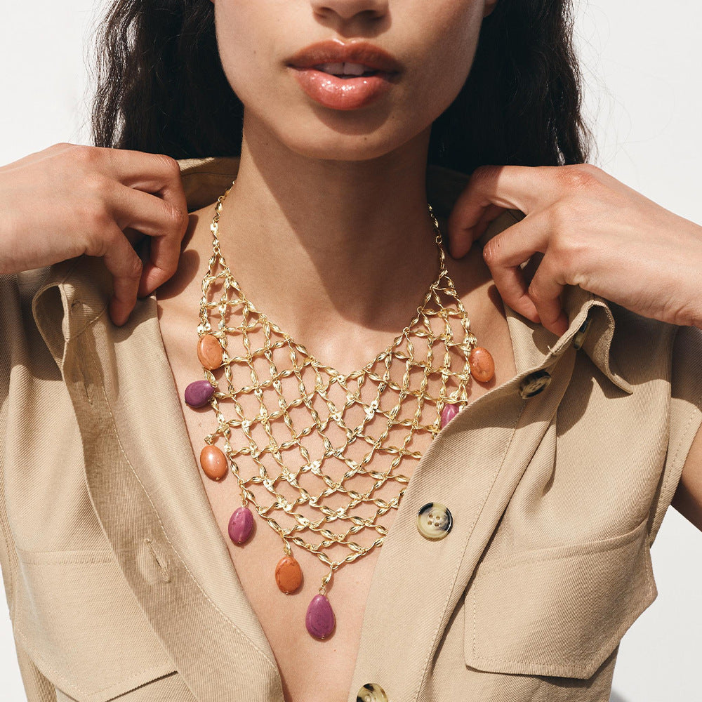 ocean style hand-woven metal mesh colored beads pendant necklace European and American creative layered metal necklace for women jltn1550