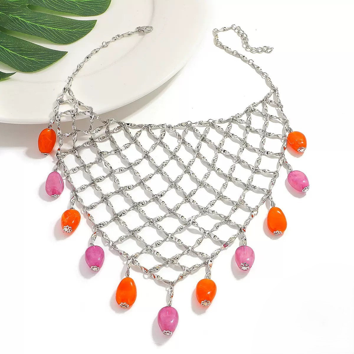 metal mesh with colored beads necklace jltn1551