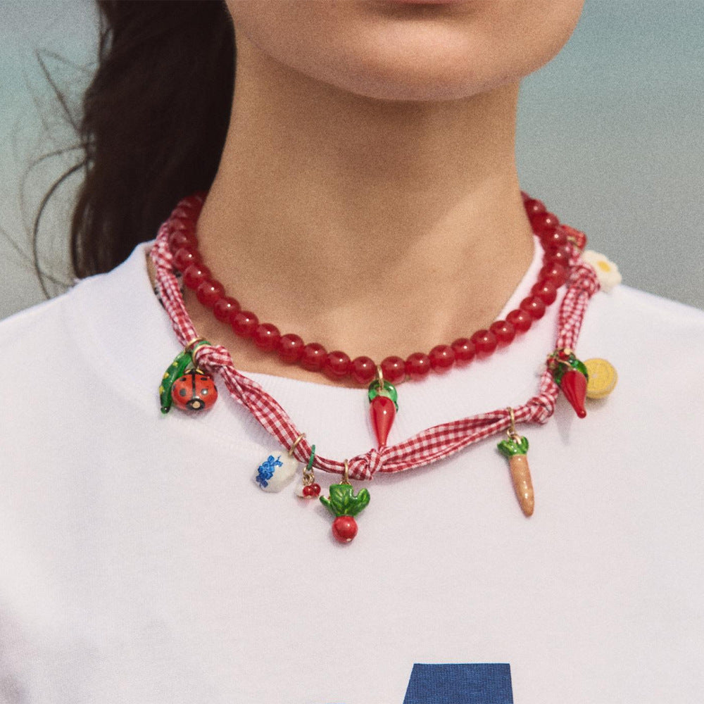 Just Lil Things Red Beaded Charm Necklace with Gingham Ribbon & Miniature Charms Necklace jltn1557