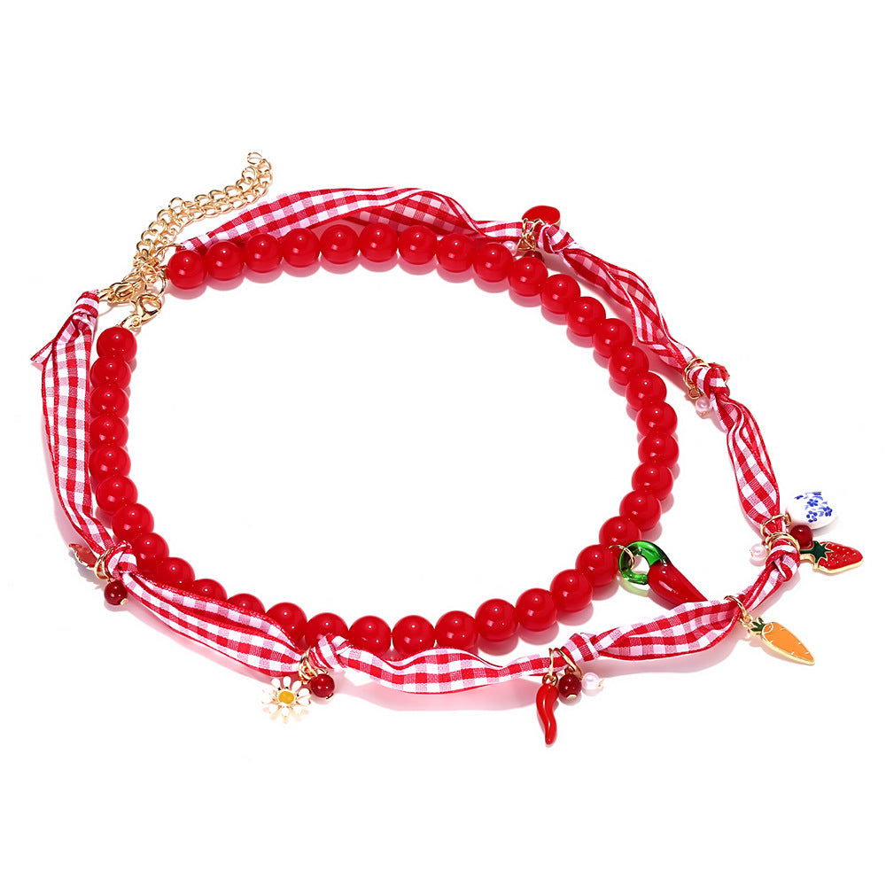 Just Lil Things Red Beaded Charm Necklace with Gingham Ribbon & Miniature Charms Necklace jltn1557