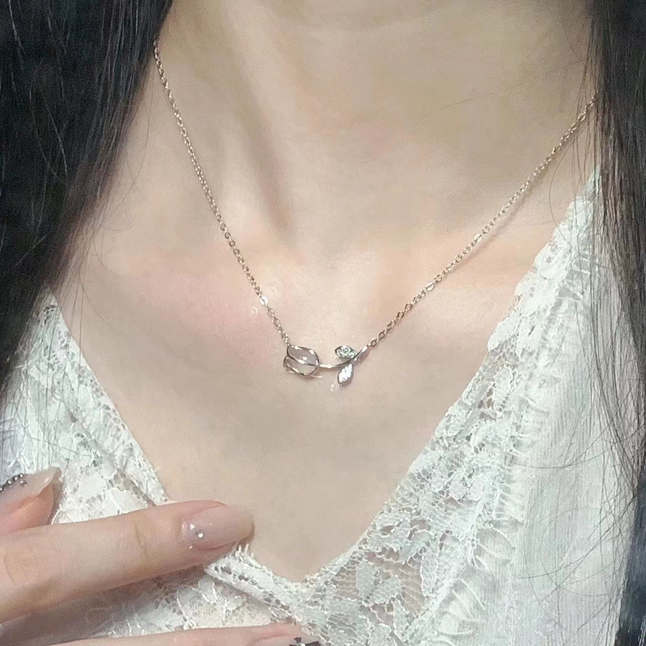 Just Lil Things  Delicate Rosebud Pendant Necklace – Minimalist Floral Stem Design with Sparkling Leaf Accents jltn1585