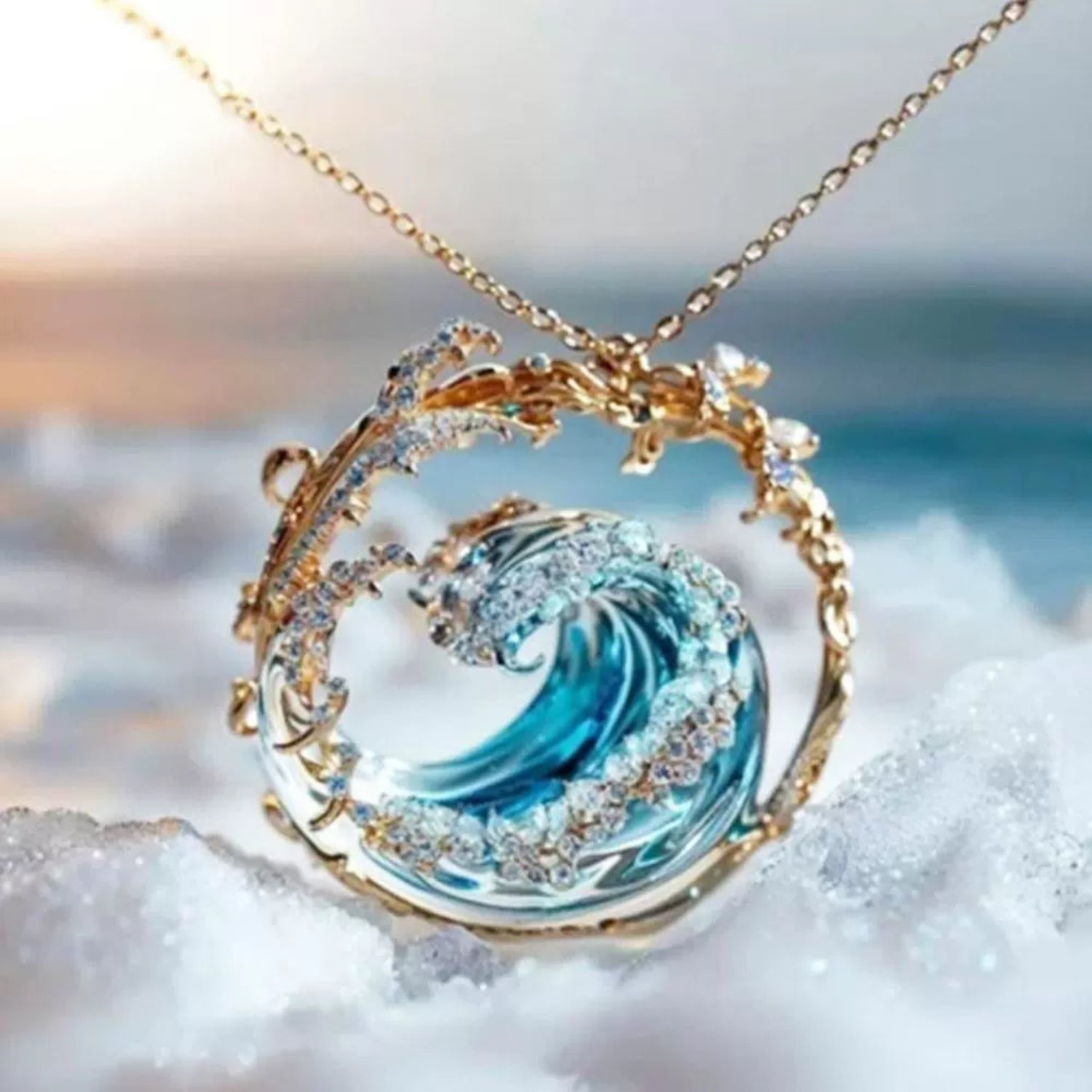 Just Lil Things Ocean Crest Wave Pendant Necklace – Blue Resin & Crystal Splash Design jltn1607