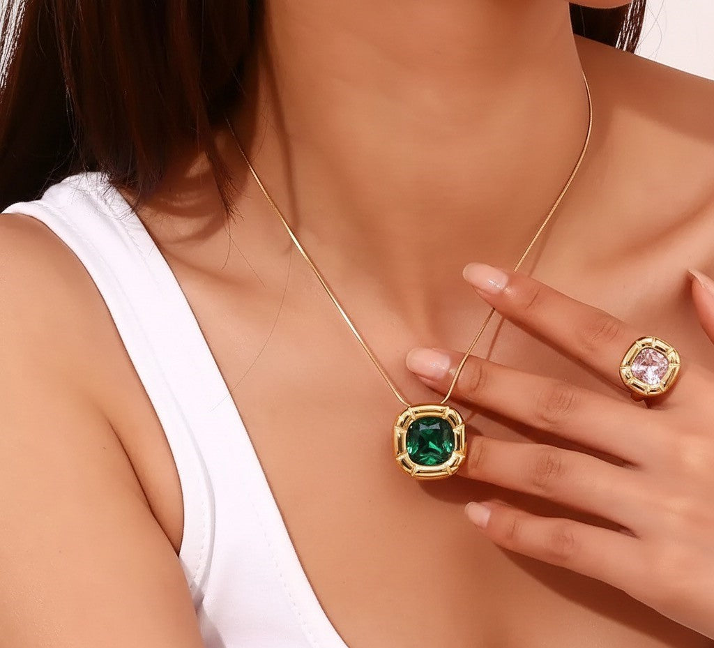 Just Lil Things Gold-Toned Pendant Necklace with Cushion-Cut Emerald Green Stone jltn1612