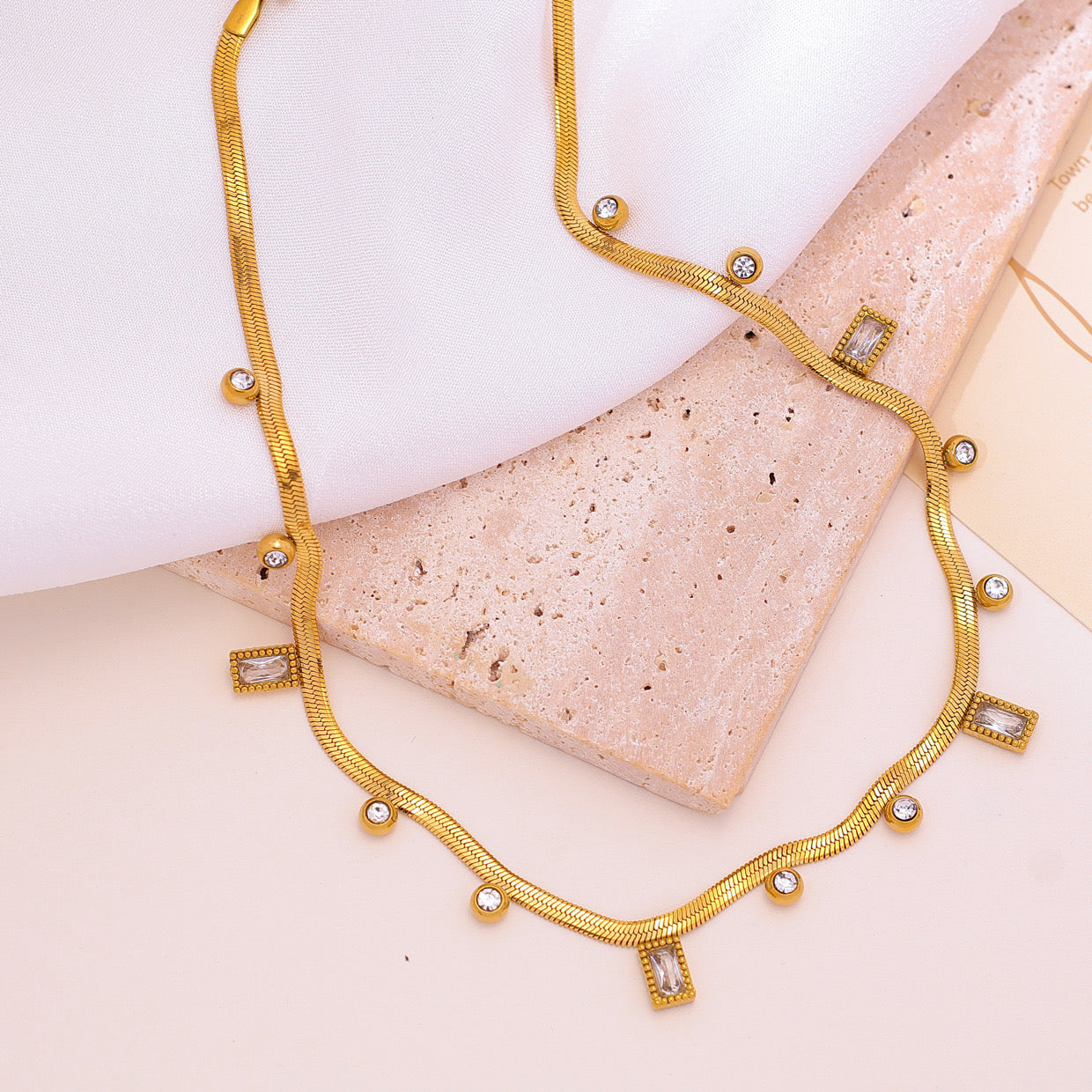 Just Lil Things Gold-Toned Snake Chain Necklace with Round & Rectangular Crystal Charms jltn1615