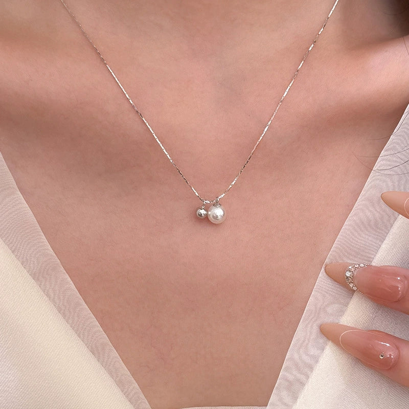 Just Lil Things Elegant Silver Chain Necklace with Double Pearl Charm Pendant jltn1630