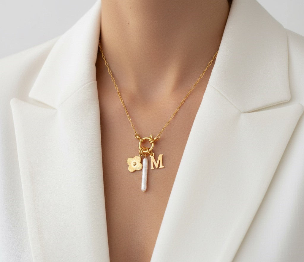 Just Lil Things Golden Charm Pearl Drop Necklace jltn1641