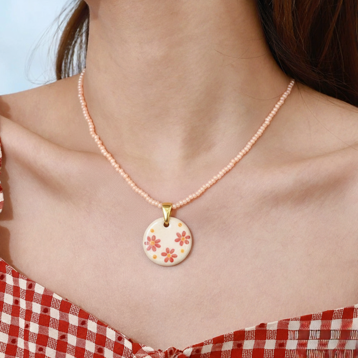 Just Lil Things Peach Blossom Beaded Pendant Necklace jltn1664
