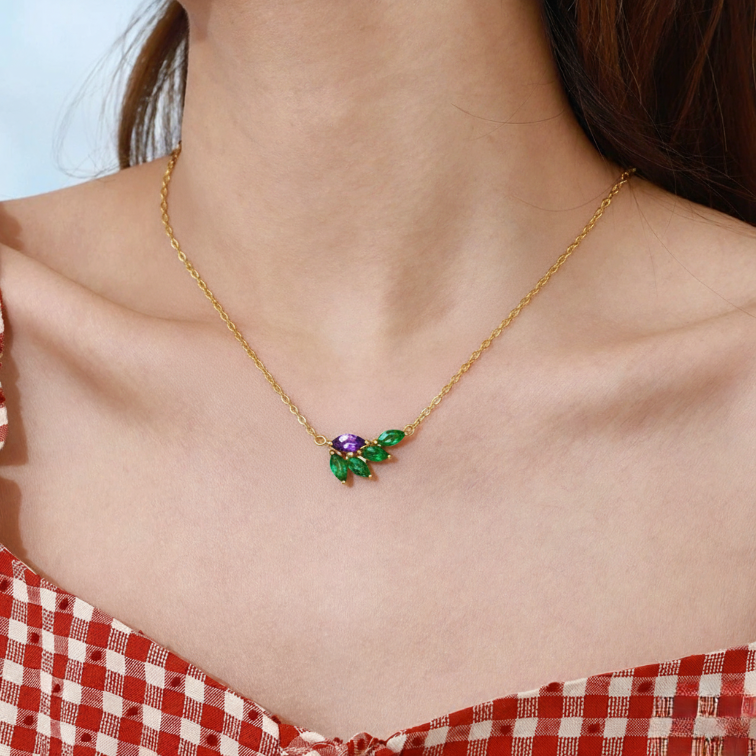 Just Lil Things Emerald Leaf & Amethyst Bloom Necklace jltn1668