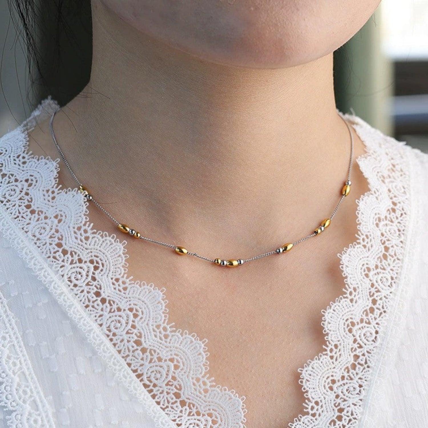 Just Lil Things Dual Tone Beaded Minimal Chain Necklace jltn1669