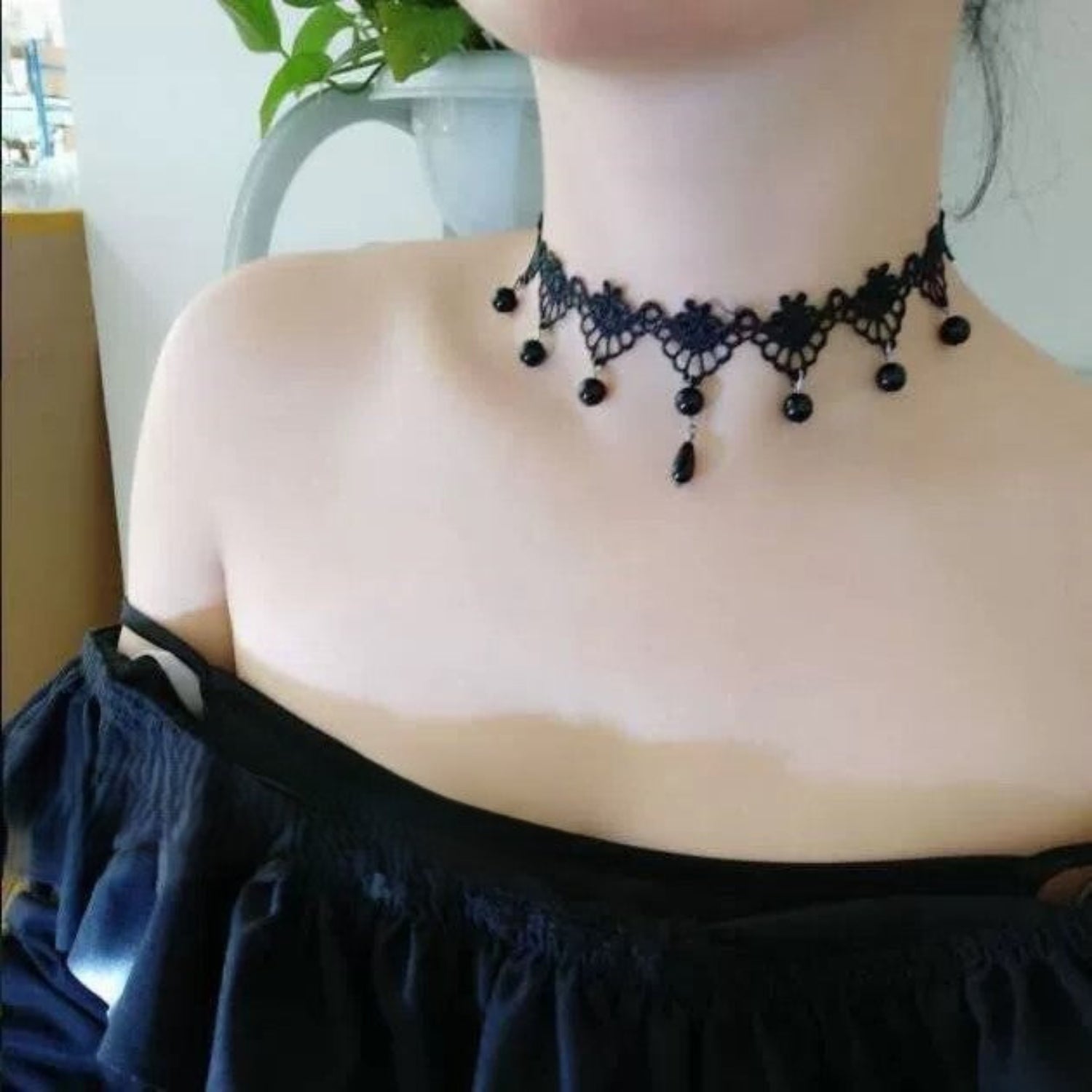 Just Lil Things Gothic Lace Choker with Black Bead Drops jltn1681
