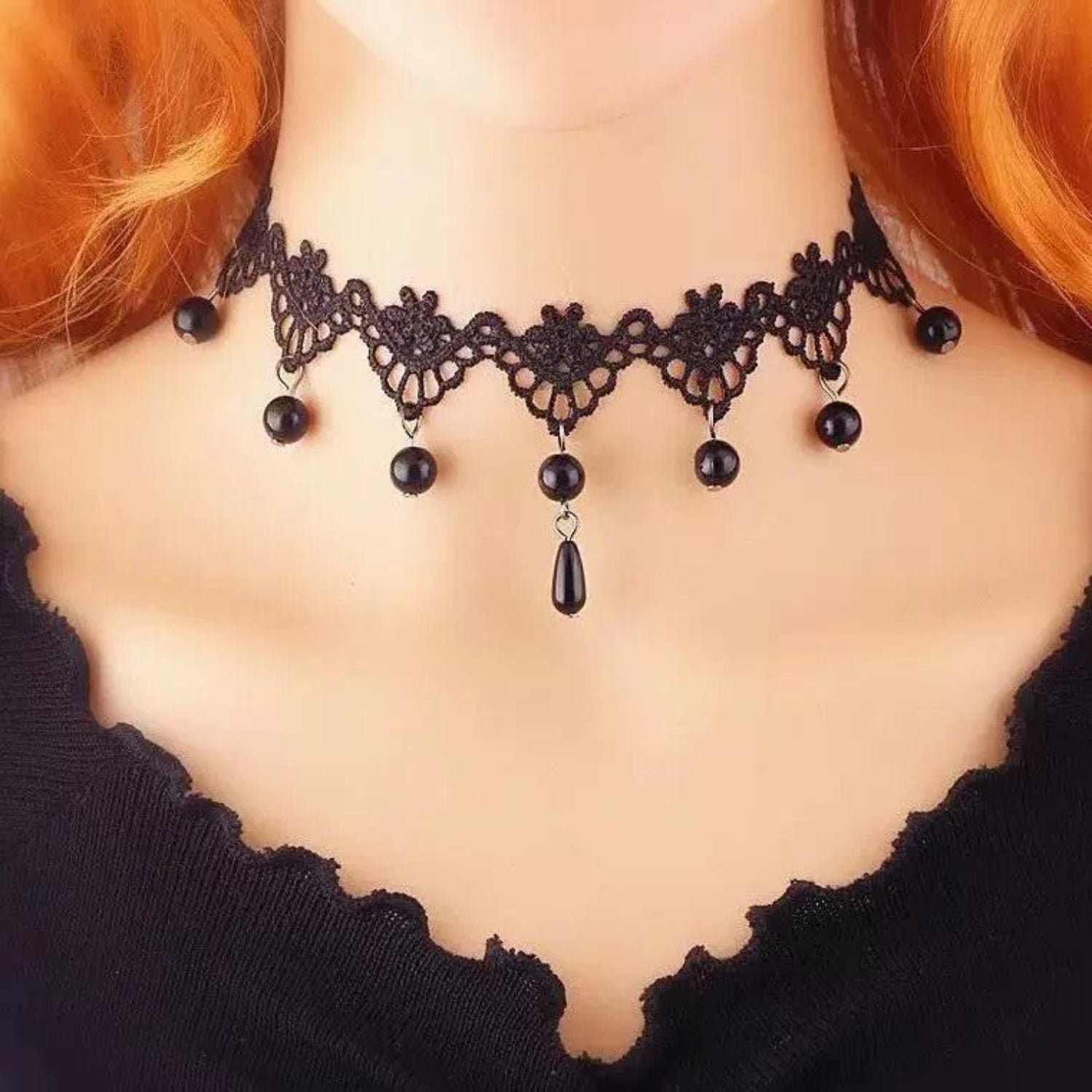 Just Lil Things Gothic Lace Choker with Black Bead Drops jltn1681