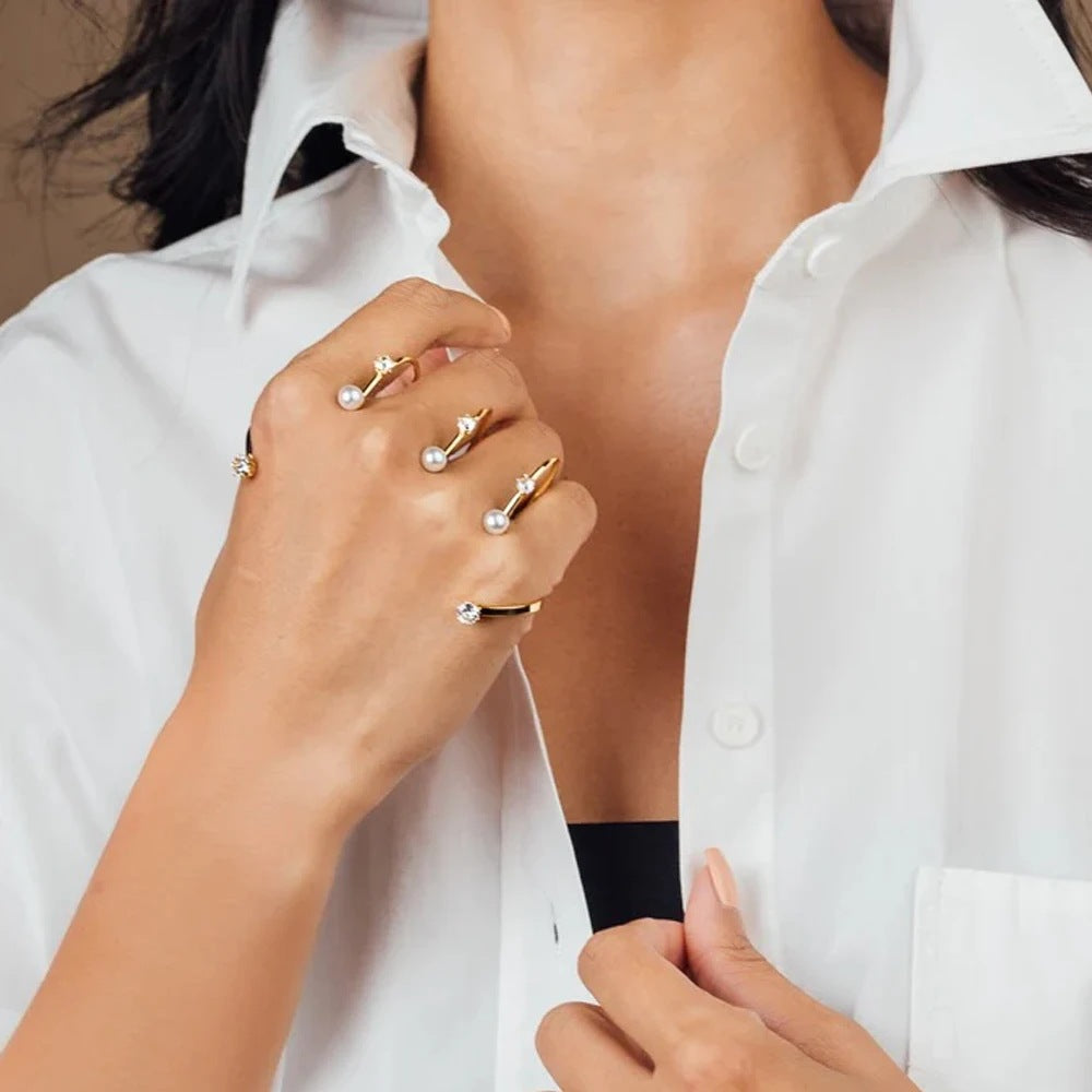 Sizzling Pearl and Crystal Multi-Finger Gold Ring jltr0504