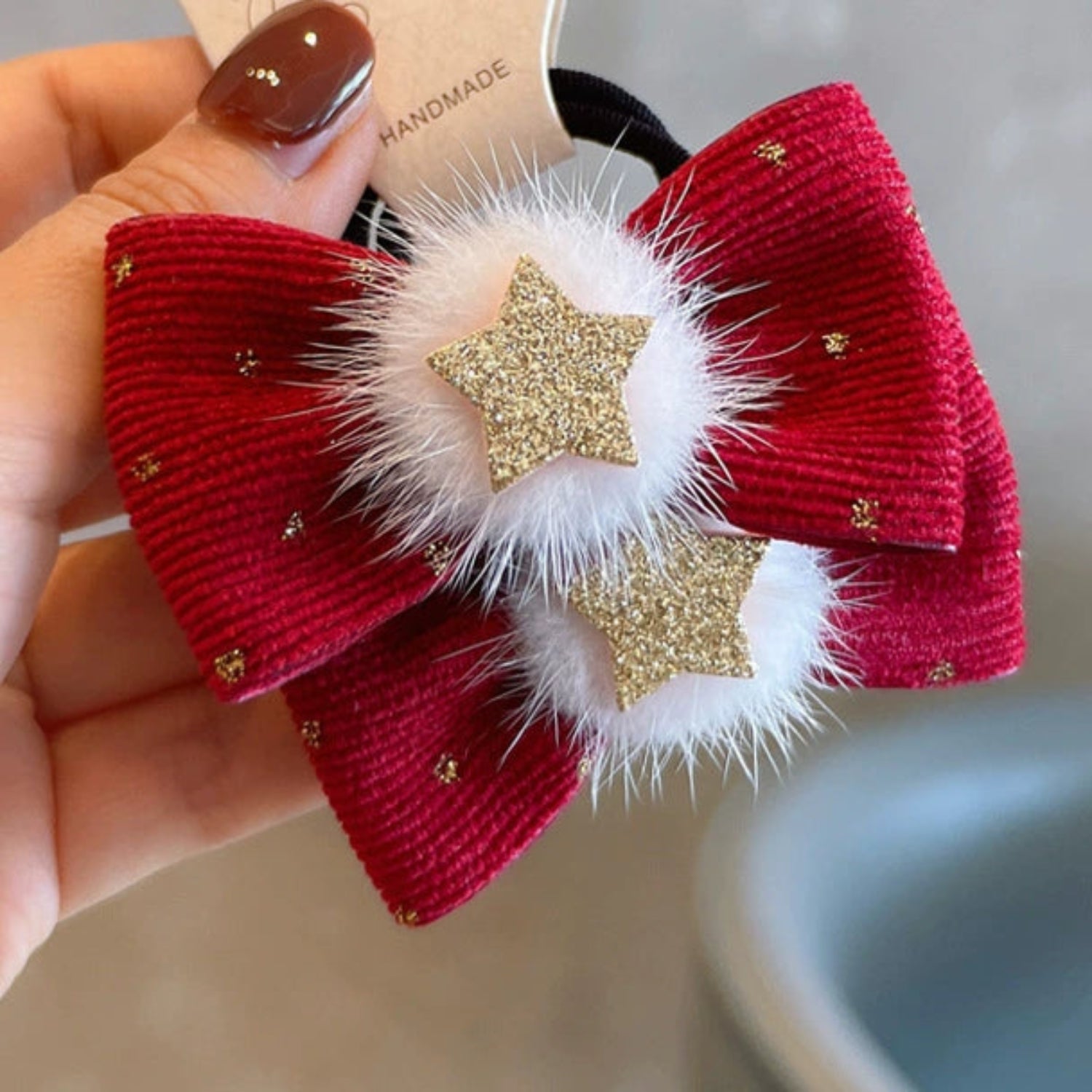 Just Lil Things Red Bow Hair Band – Furry Star Design Festive Elastic Accessory jlts0560