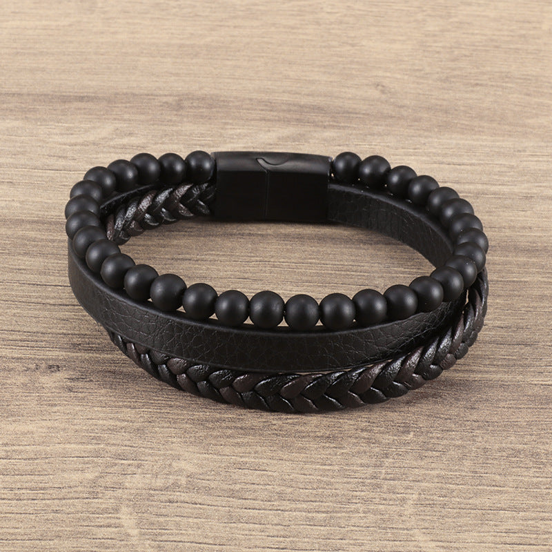 Tri Layers Leather Braided Beaded Black Bracelet MB0020