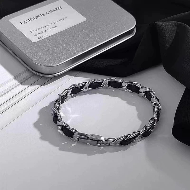 titanium steel leather design bracelet mb0026