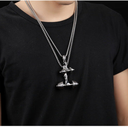 Fashion jewelry Amazon wish hot sale new necklace titanium steel chain couple dumbbell pendant fitness men's necklace mn0055
