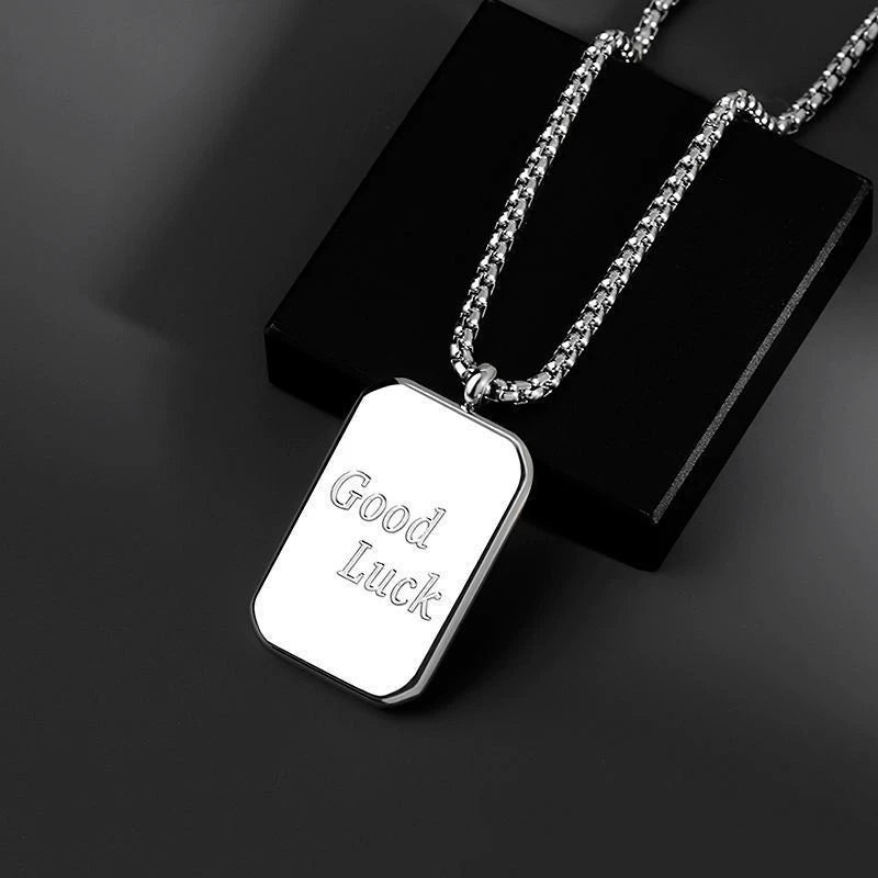 Just Lil Things Men's Silver-Tone "Good Luck" Dog Tag Pendant Necklace mn0061