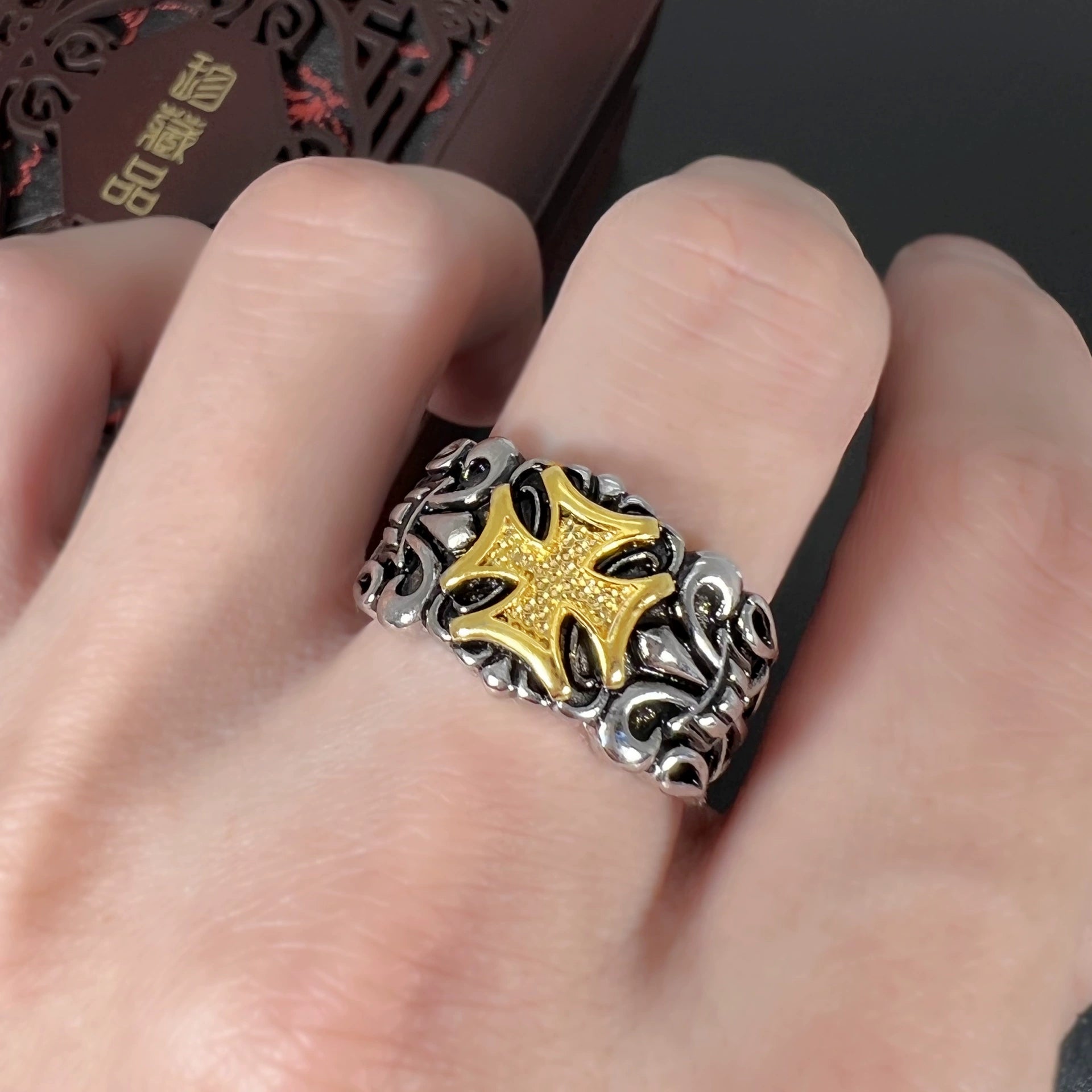 Just Lil Things Gothic Cross Two-Tone Statement Ring mr0012