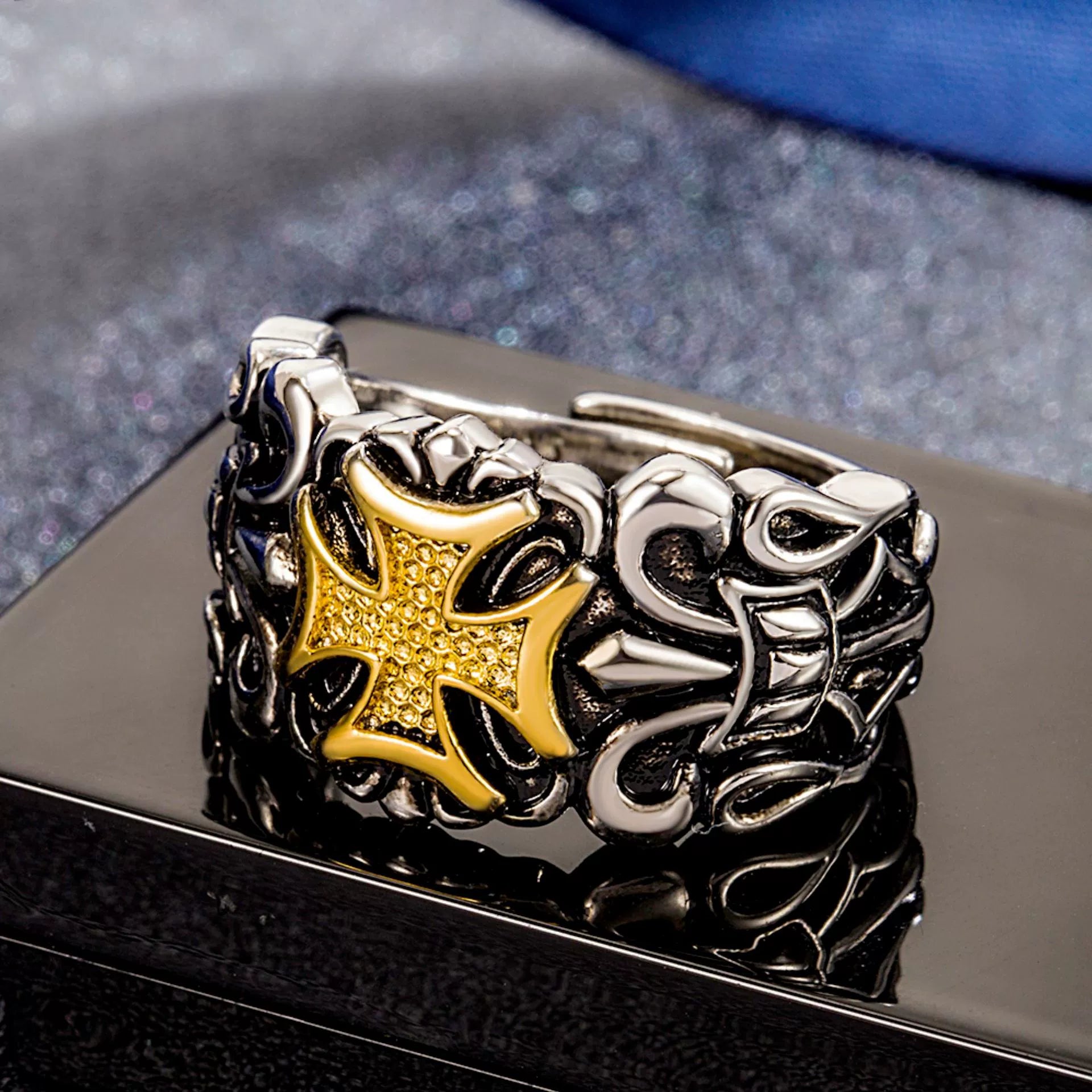 Just Lil Things Gothic Cross Two-Tone Statement Ring mr0012