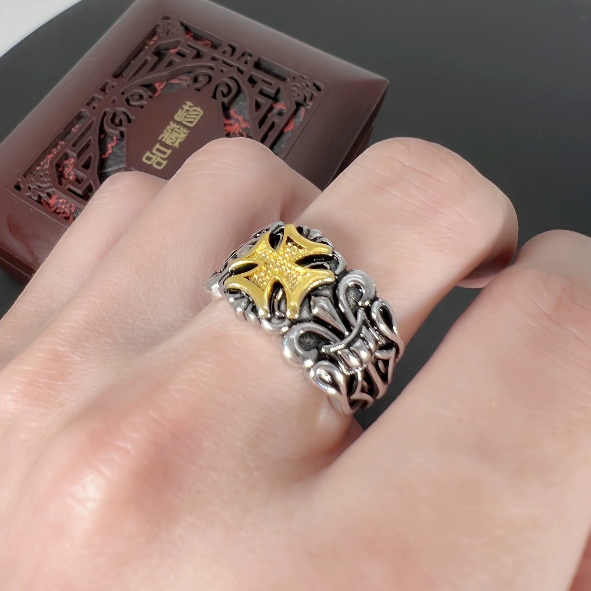 Just Lil Things Gothic Cross Two-Tone Statement Ring mr0012
