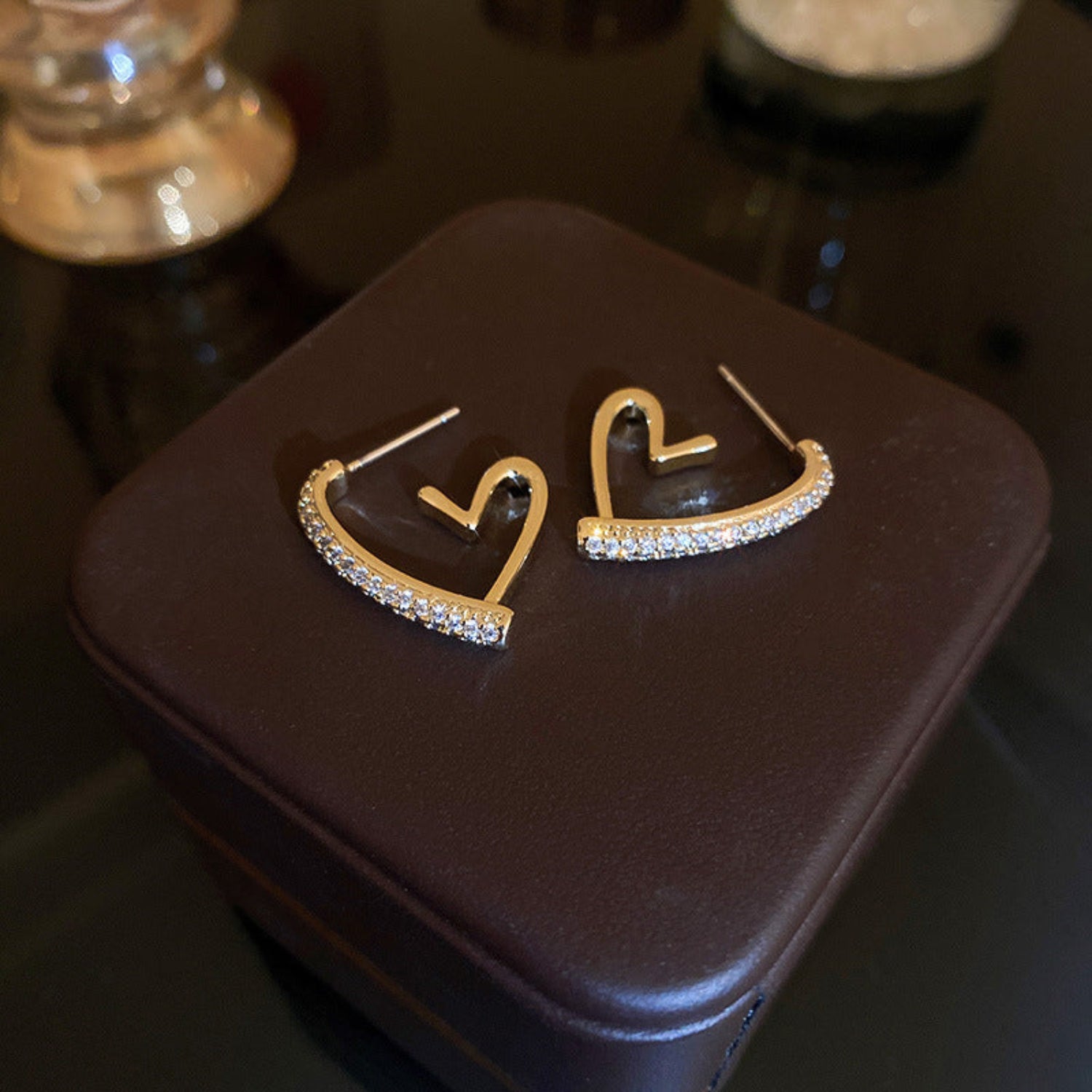 Delicate Gold Heart Shaped Earrings with Crystal Accents-jlt11508