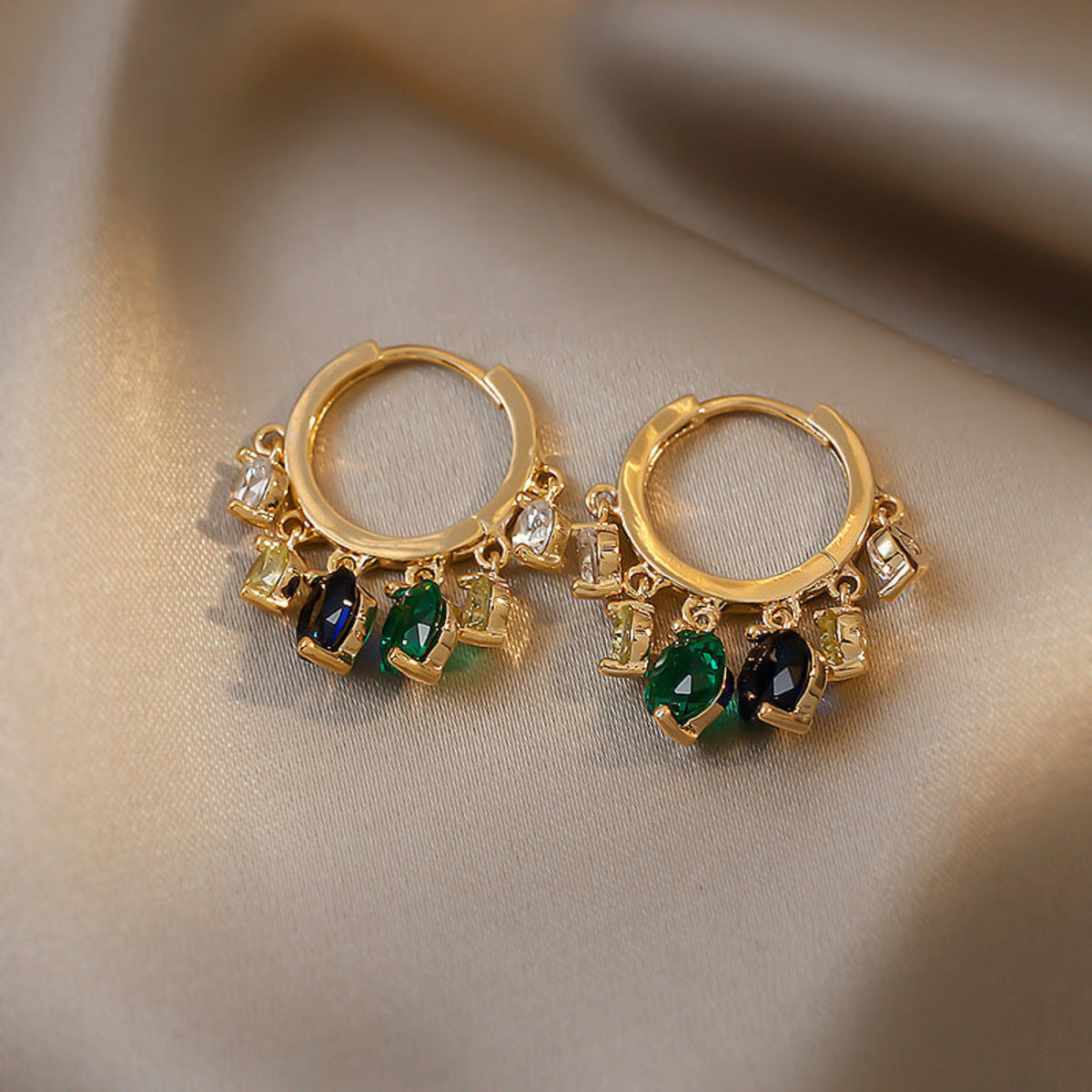 Princess Hoop Earrings with Colorful Gemstone Charms jlt11533