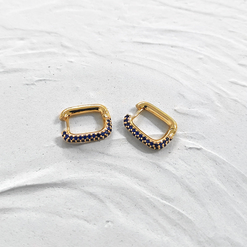 Geometric Gold Square Hoop Earrings with Blue Crystal Detailing-jlt11557