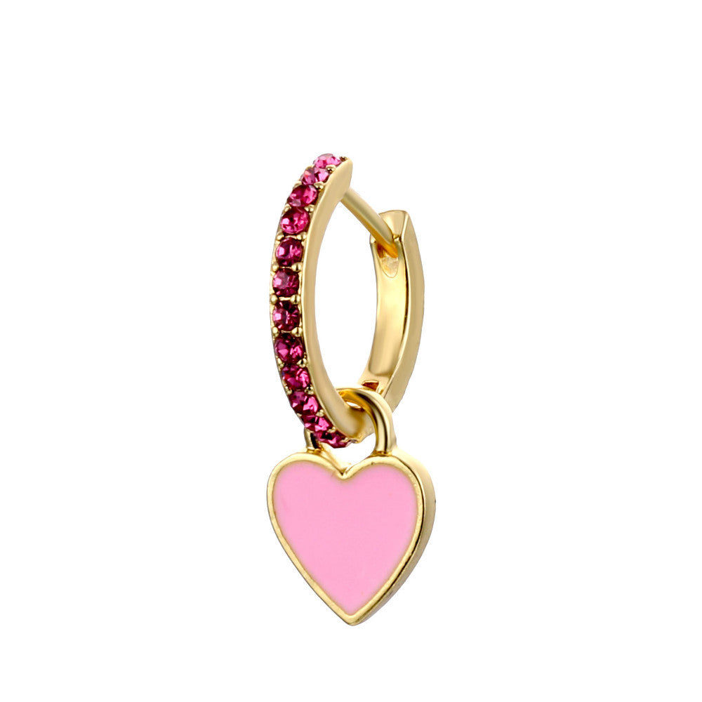 Huggie Hoop Earring with Pink Heart Charm and Pink Crystals-jlt11639