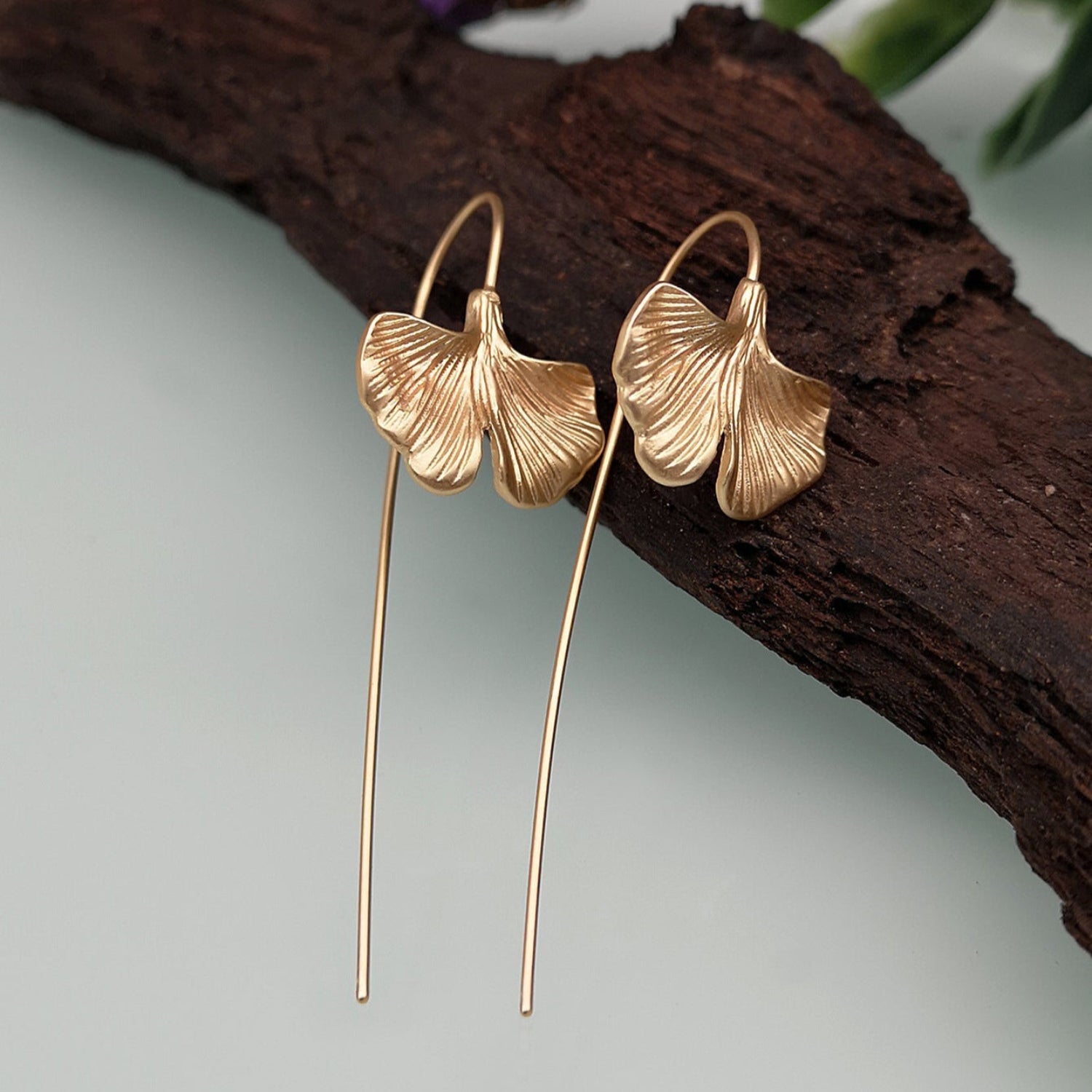 Gold Ginkgo Leaf Drop Earrings jlt11664