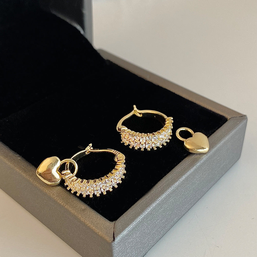 Gold Hoop Earrings with Heart Charm and Sparkling Stones jlt11710